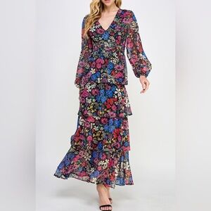 KOKO + MASON Black‎ Floral Print Open Back Long Sleeve Maxi Dress